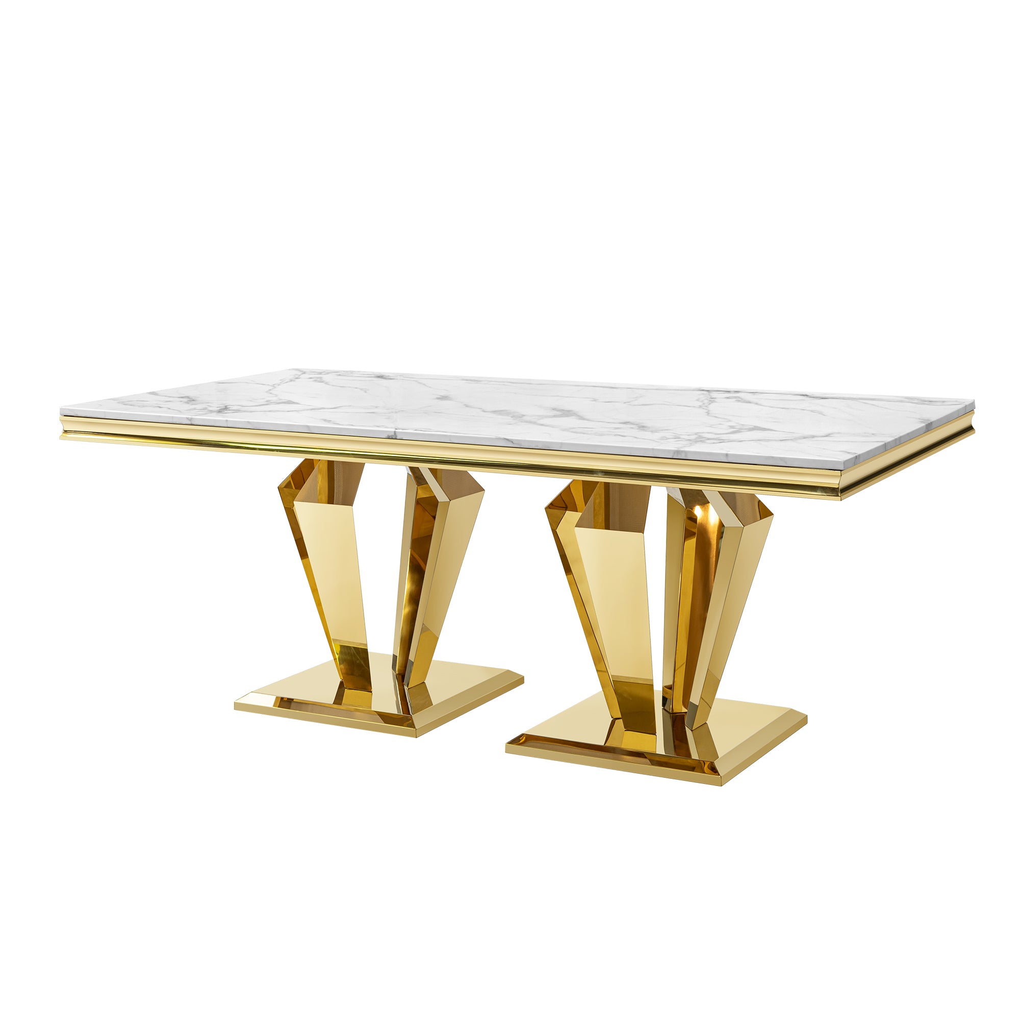 Rectangular Dining Table with Gold Polished Stainless Steel Base & MDF Marble Top for 6 - 8