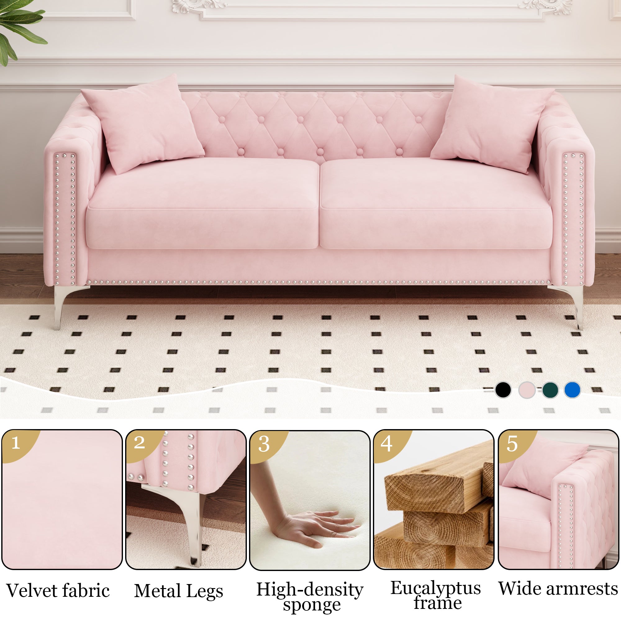 83" Pink Velvet 3-Seater Sofa with 2 Comfy Pillows - Perfect Design for Your Home