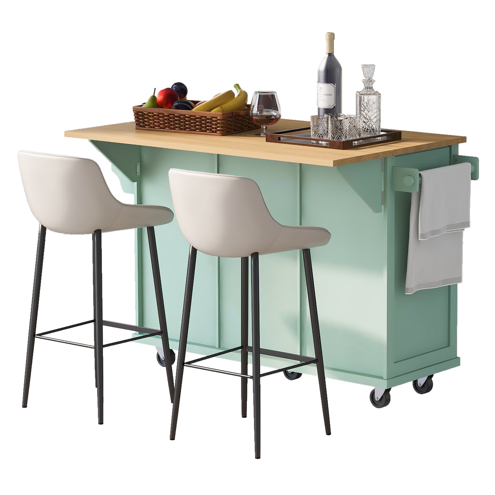 Kitchen Cart with Rubber wood Drop-Leaf Countertop for Dinning Room, Mint Green