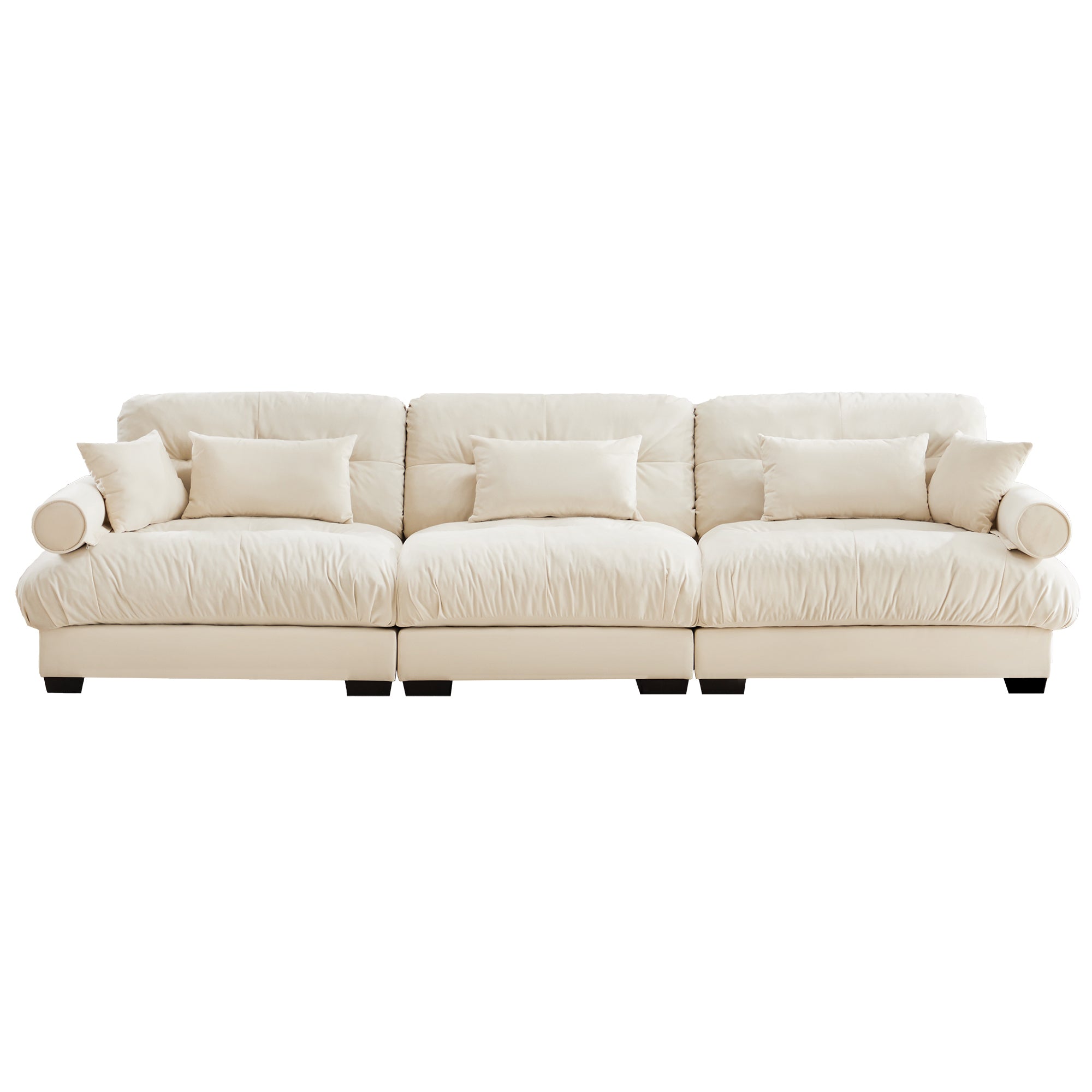 Extra-Large 3-Seater Modern Velvet Sofa, Oversized Cloud-Like Comfort with Waist and Throw Pillows, Beige