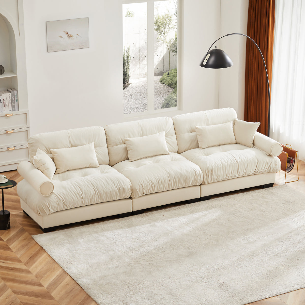 Extra-Large 3-Seater Modern Velvet Sofa, Oversized Cloud-Like Comfort with Waist and Throw Pillows, Beige