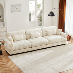 Extra-Large 3-Seater Modern Velvet Sofa, Oversized Cloud-Like Comfort with Waist and Throw Pillows, Beige