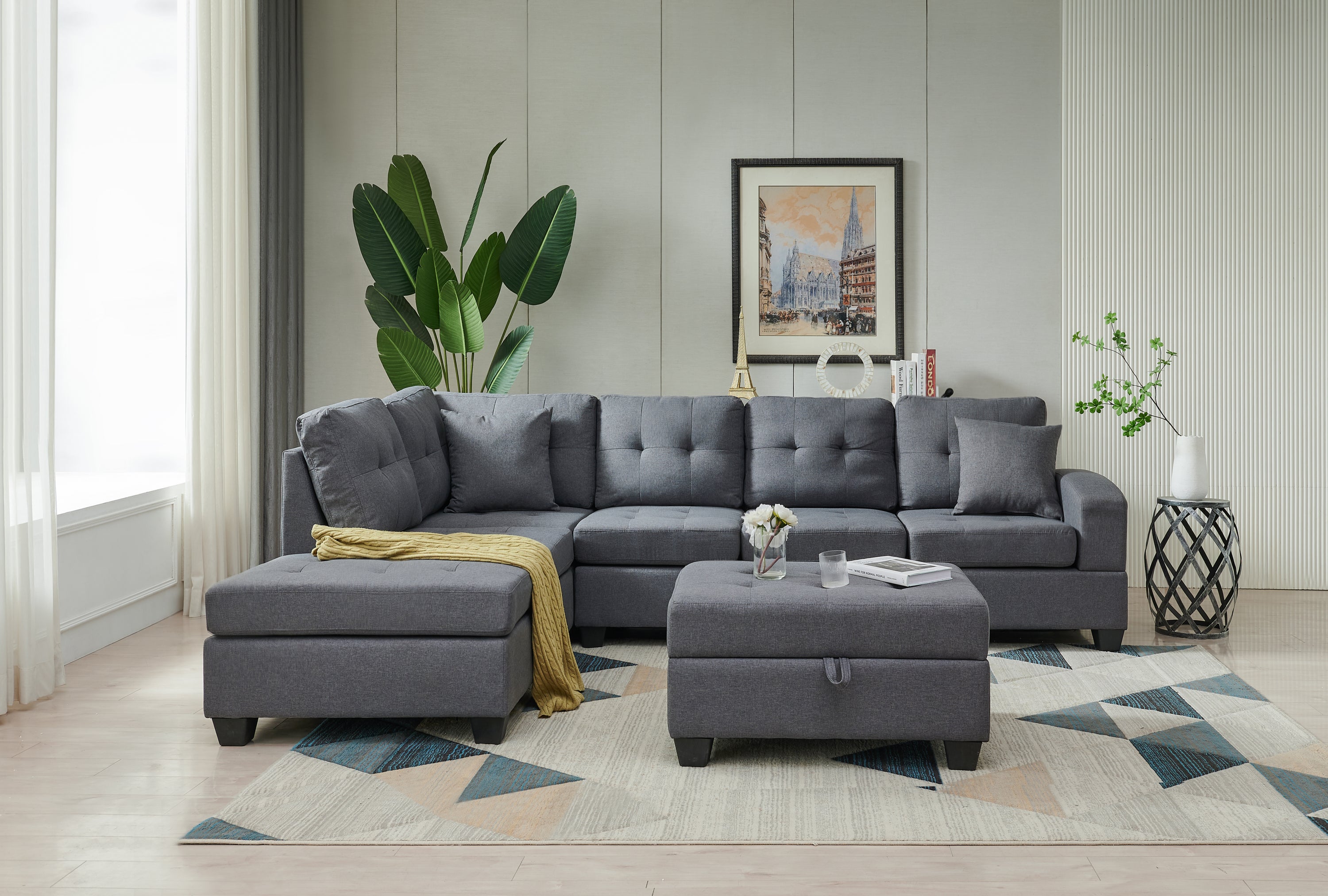 Sectional 3-Seaters Sofa , reversible recliner, storage mat and cup holder, Non-slip leg, two grey pillows, linen, grey