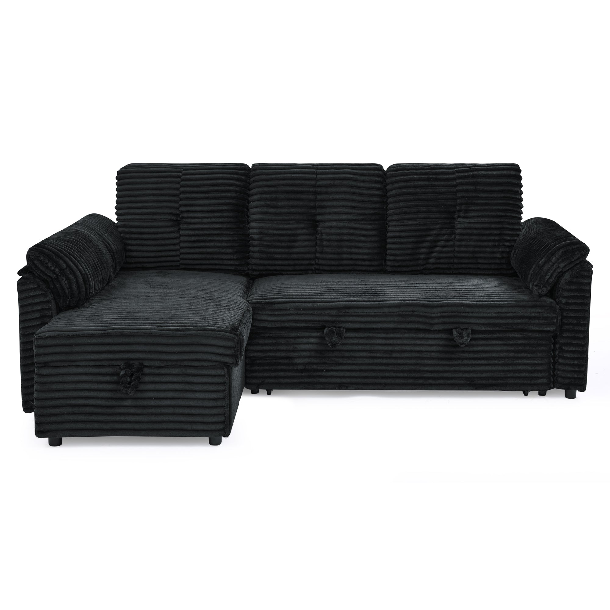 Corduroy Tufted Upholstered Sleeper Sectional Sofa, L-Shaped Modular Convertible Sofa with Reversible Storage Chaise, Pull Out Sleep Couch Bed and Reclining Backrest Perfect for Living Space, Black