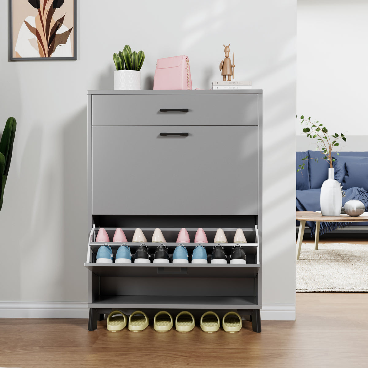 Freestanding Shoe Storage Cabinet with 2 Flip Drawers, Hidden Shoe Organizer for Entryway, Hallway, and Closet, Gray