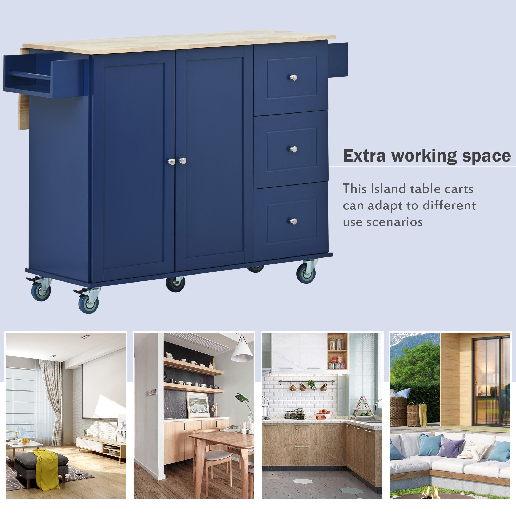 52.7" Rolling Mobile Kitchen Island with Drop Leaf - Solid Wood Top, Locking Wheels & Storage Cabinet, Dark blue