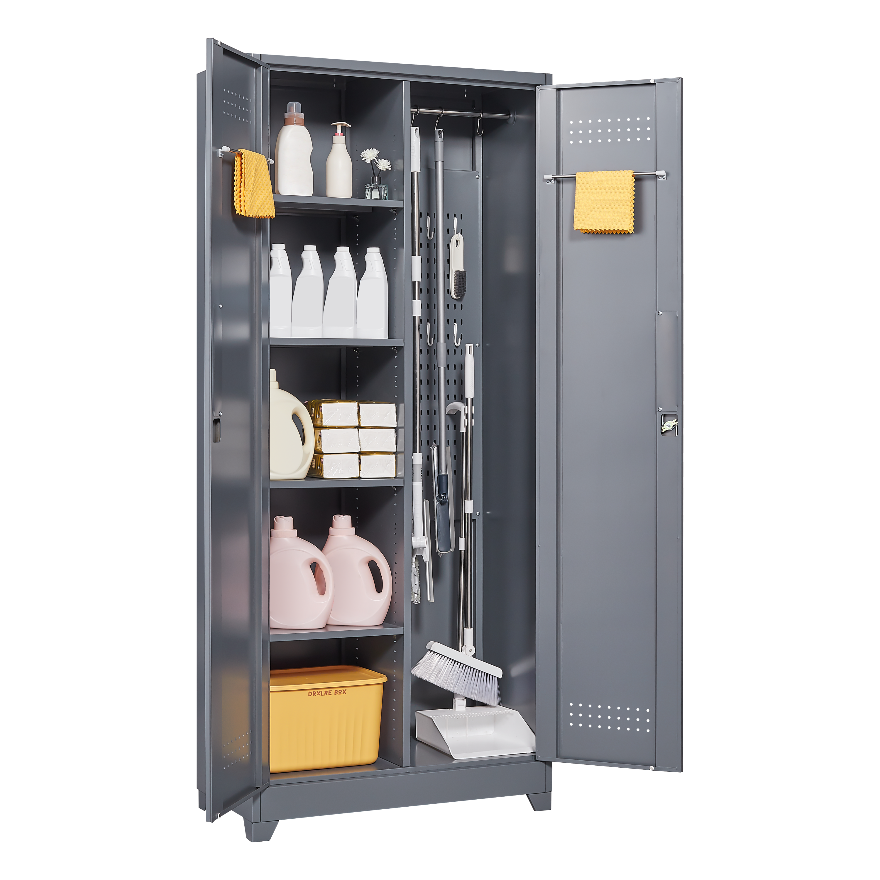 Metal Storage Cabinets, Cleaning Tool Cabinet with Locking Door, Tall Broom Tool Organizer and Storage, Large Storage Cabinet for Kitchen, Pantry, Office, Shop