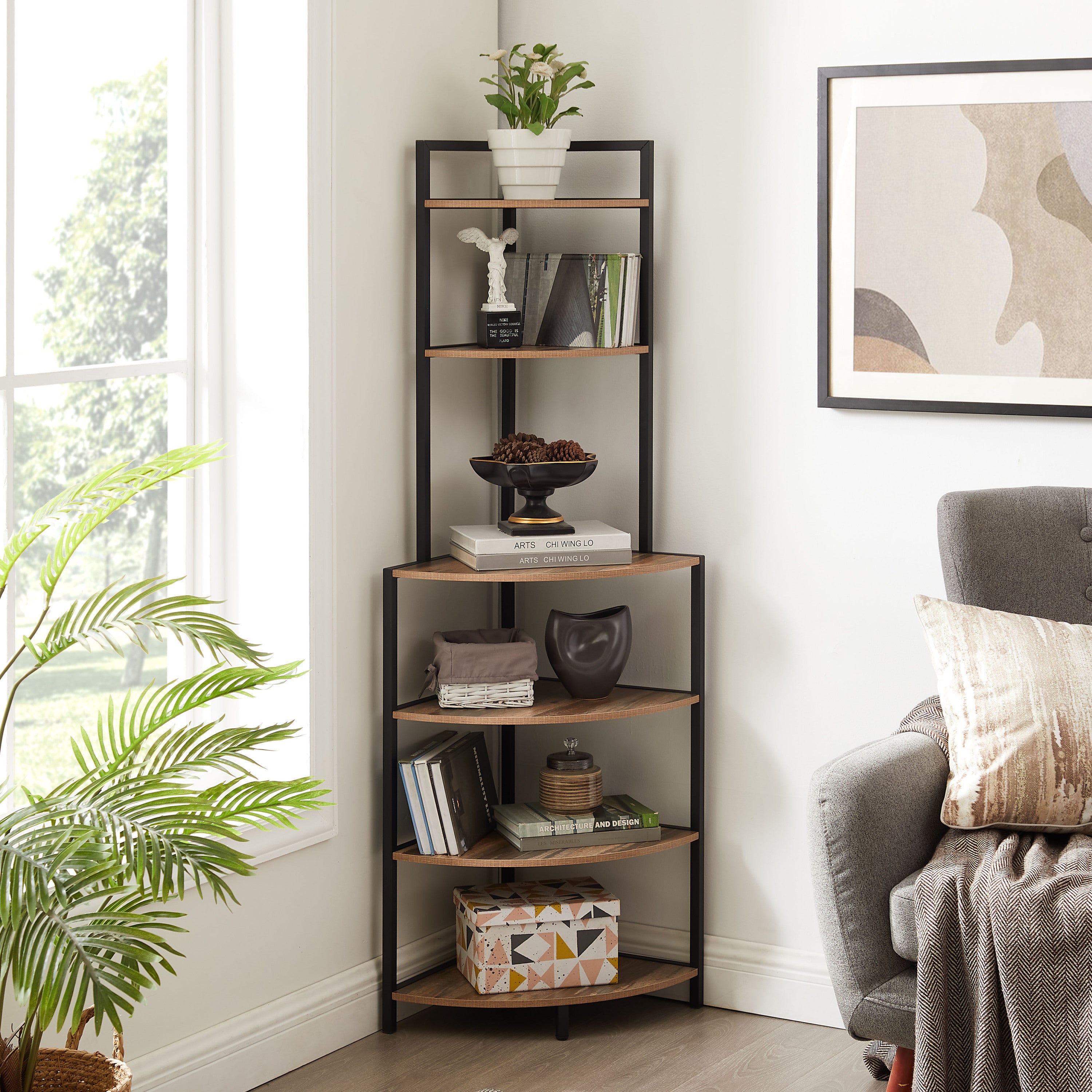 6-Tier Corner Shelf, Freestanding Bookcase for Small Spaces