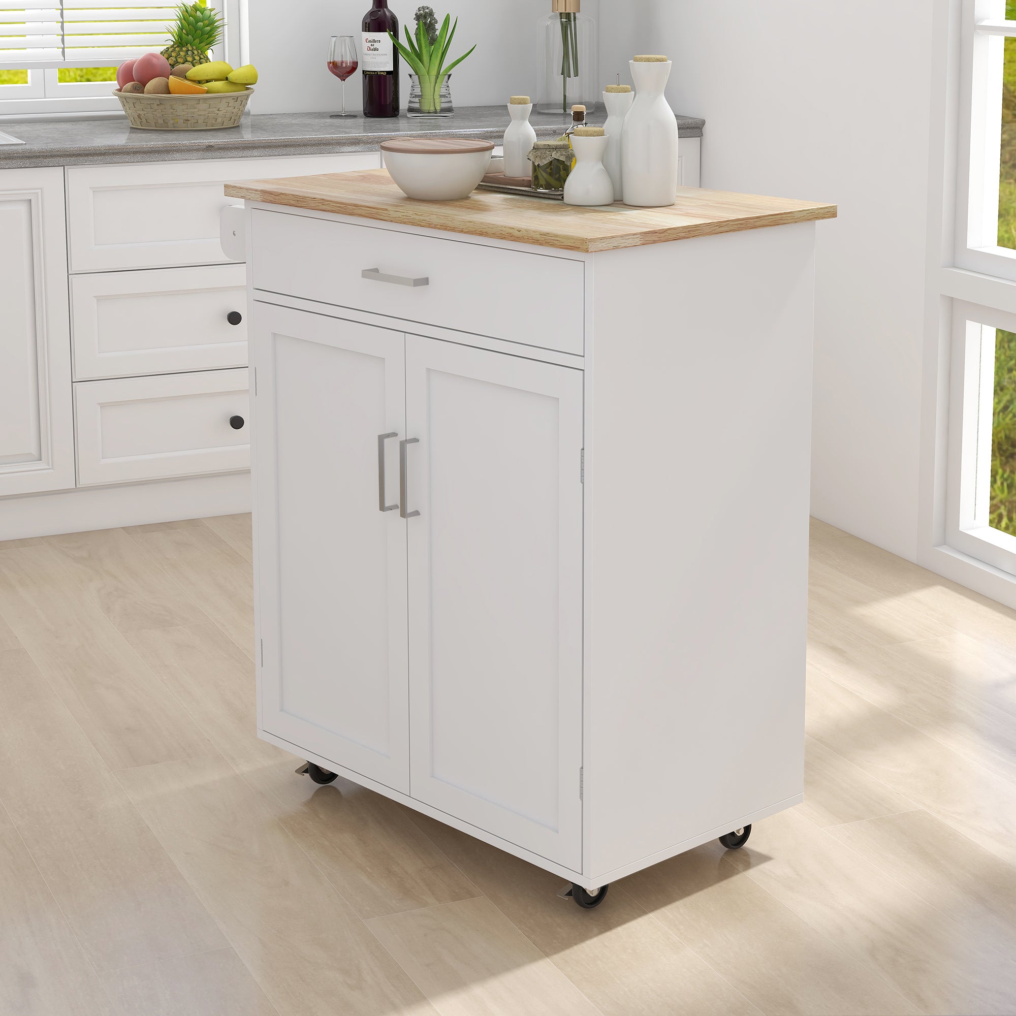 Kitchen island rolling trolley cart with Adjustable Shelves and towel rack rubber wood table top