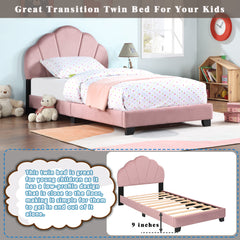 Upholstered Twin Size Platform Bed for Kids, Wooden Bed Frame with Slatted Bed Base, No Box Spring Needed, Cute Bed Frame with Shell Design Headboard for Girls Boys Teens, Pink