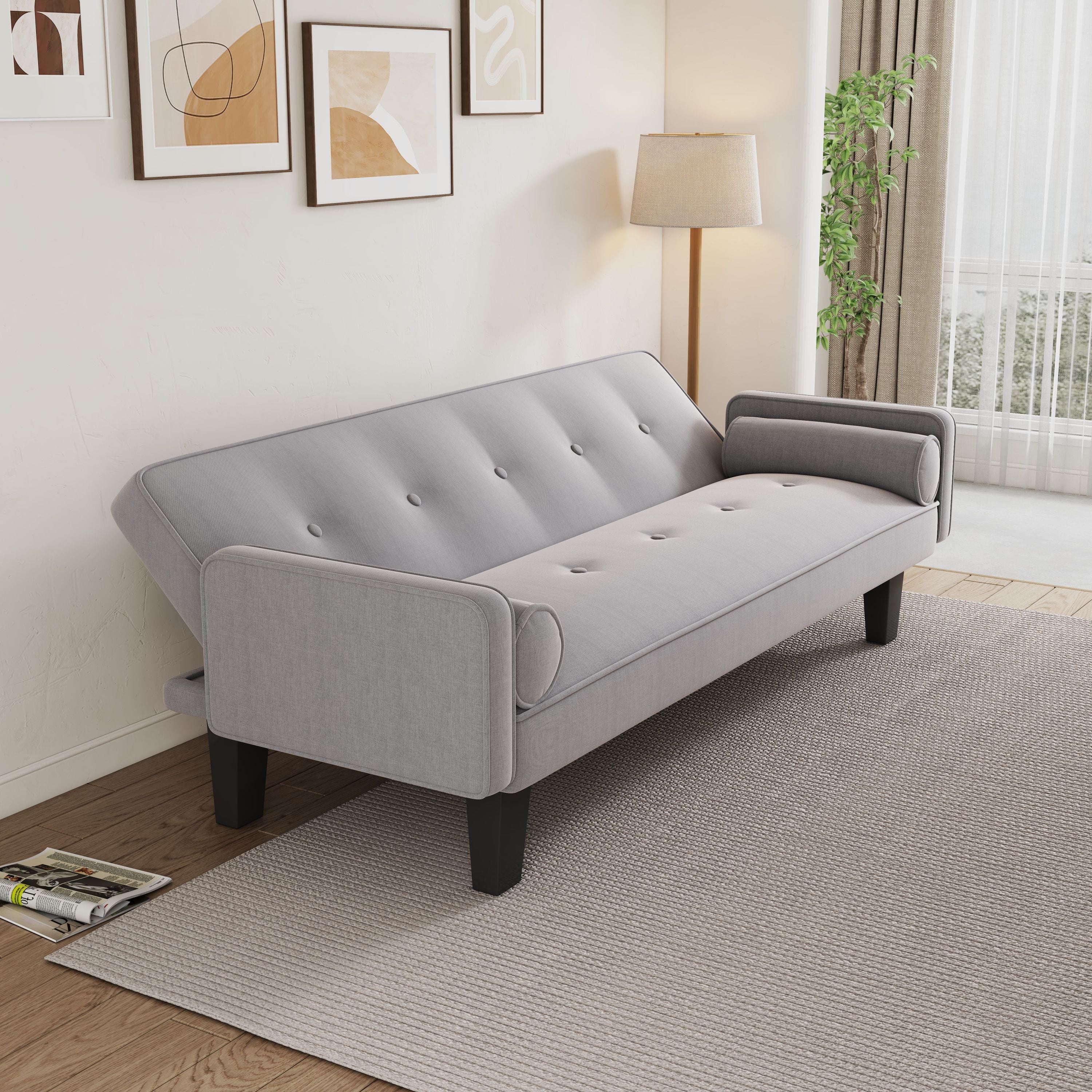 72" Gray Cotton Linen Sofa Bed with Two Pillows Suitable for Family Living Room