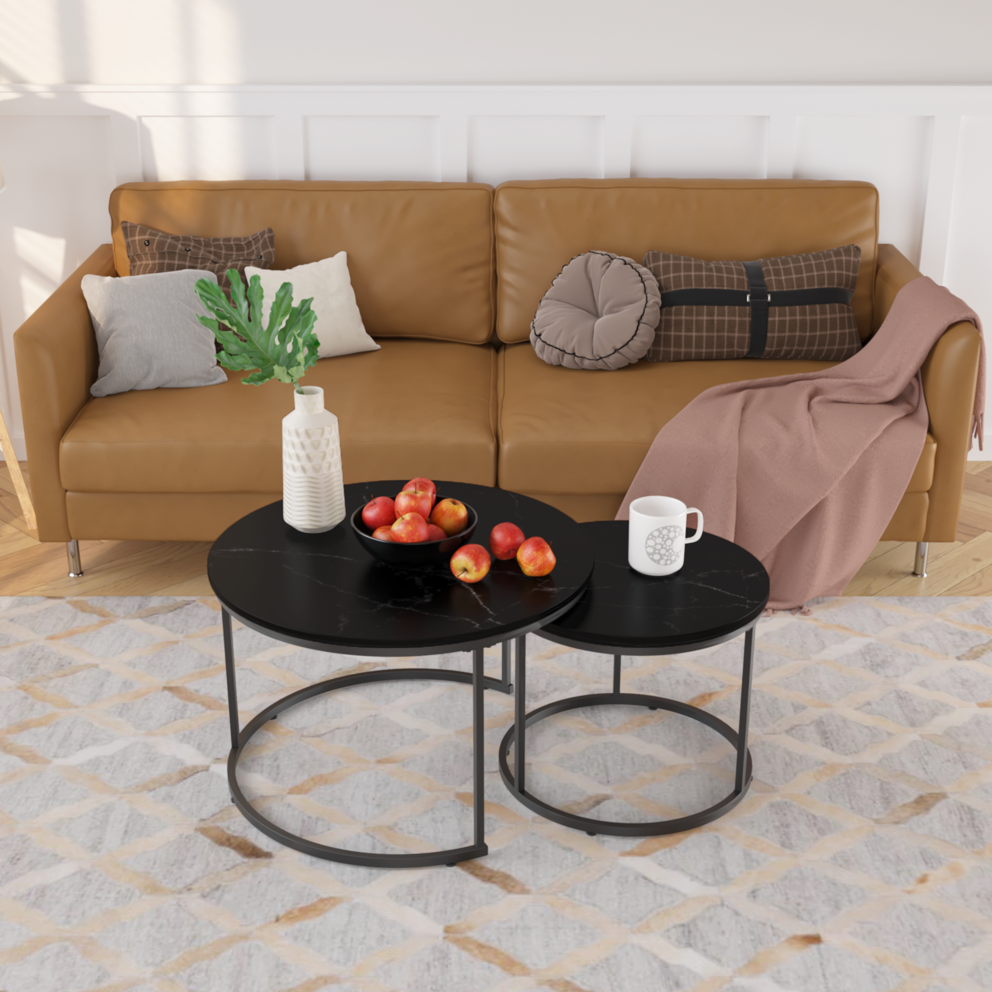 Nesting Coffee Table Set of 2, 27.6inch Round Coffee Table Wood Marble Pattern Top with Sturdy Metal Frame, End Table Side Tables for Living Room Bedroom Balcony Yard (Black)