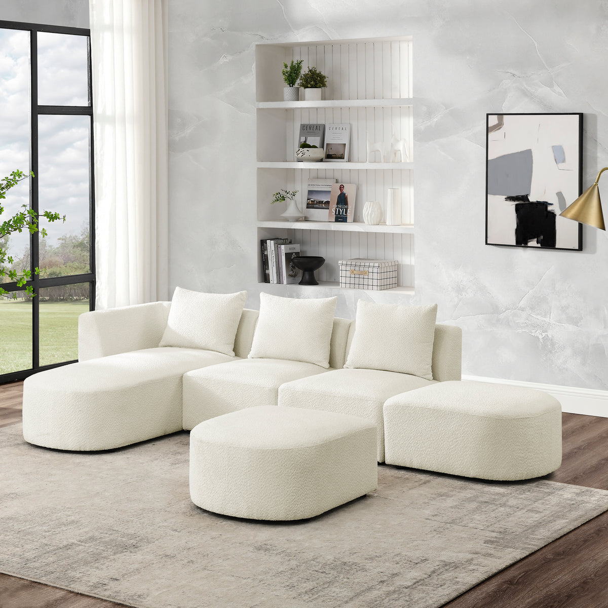 L Shape Sectional Sofa with Left Side Chaise and Ottoman, Modular Sofa, DIY Combination, Loop Yarn Fabric, Beige