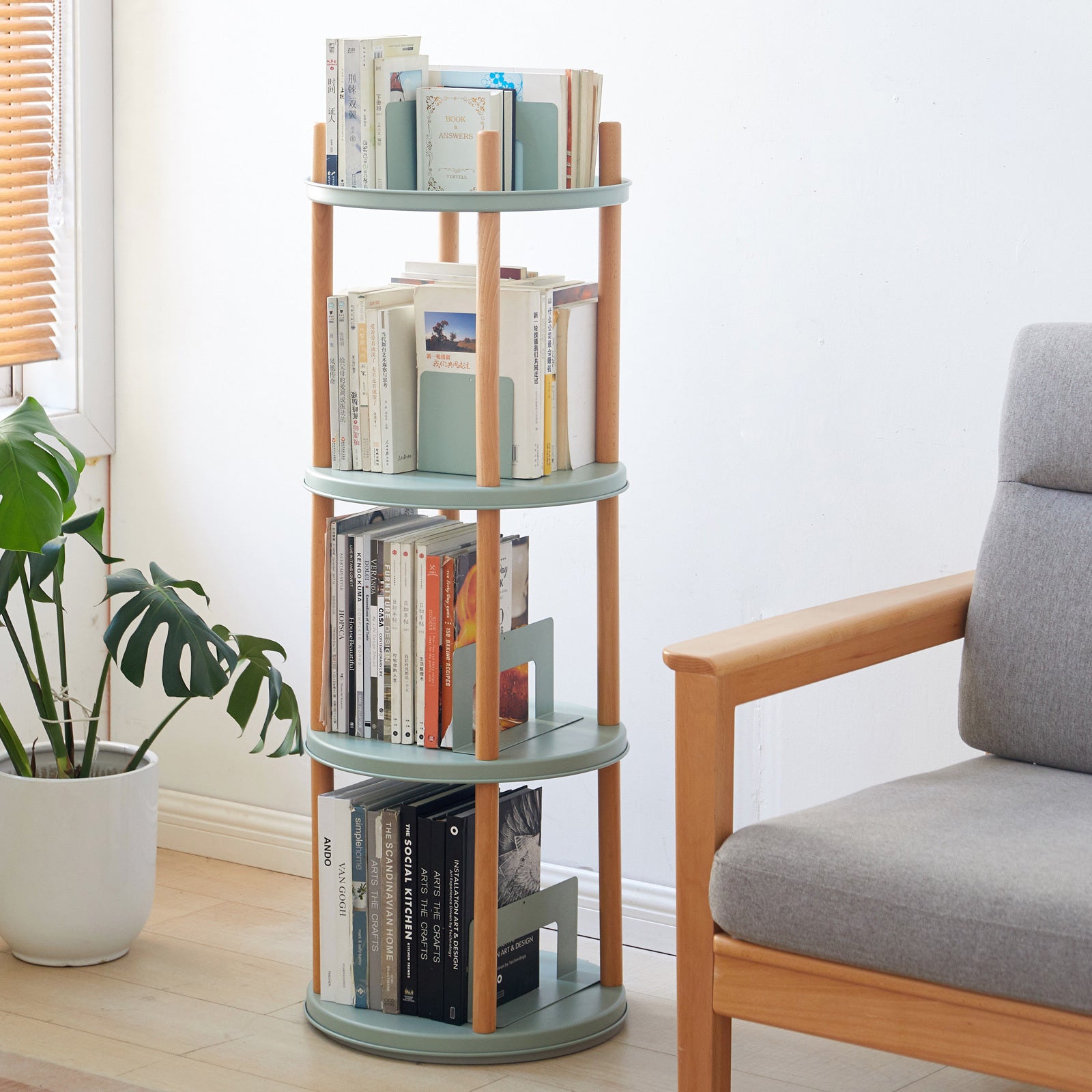 360° Rotating Bookshelf, 4-Tier Storage Shelf with Large Capacity, Multifunctional Standing Rack for Living Room