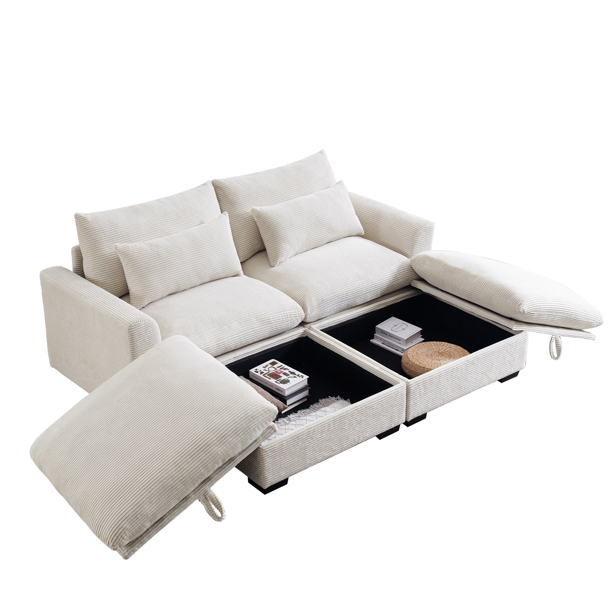 Corduroy Two-Seater Sofa with 2 Storage Footrest, 2 Seater Sectional  deep seat sofa,Comfy Couches for Living Room ,Beige Sofa