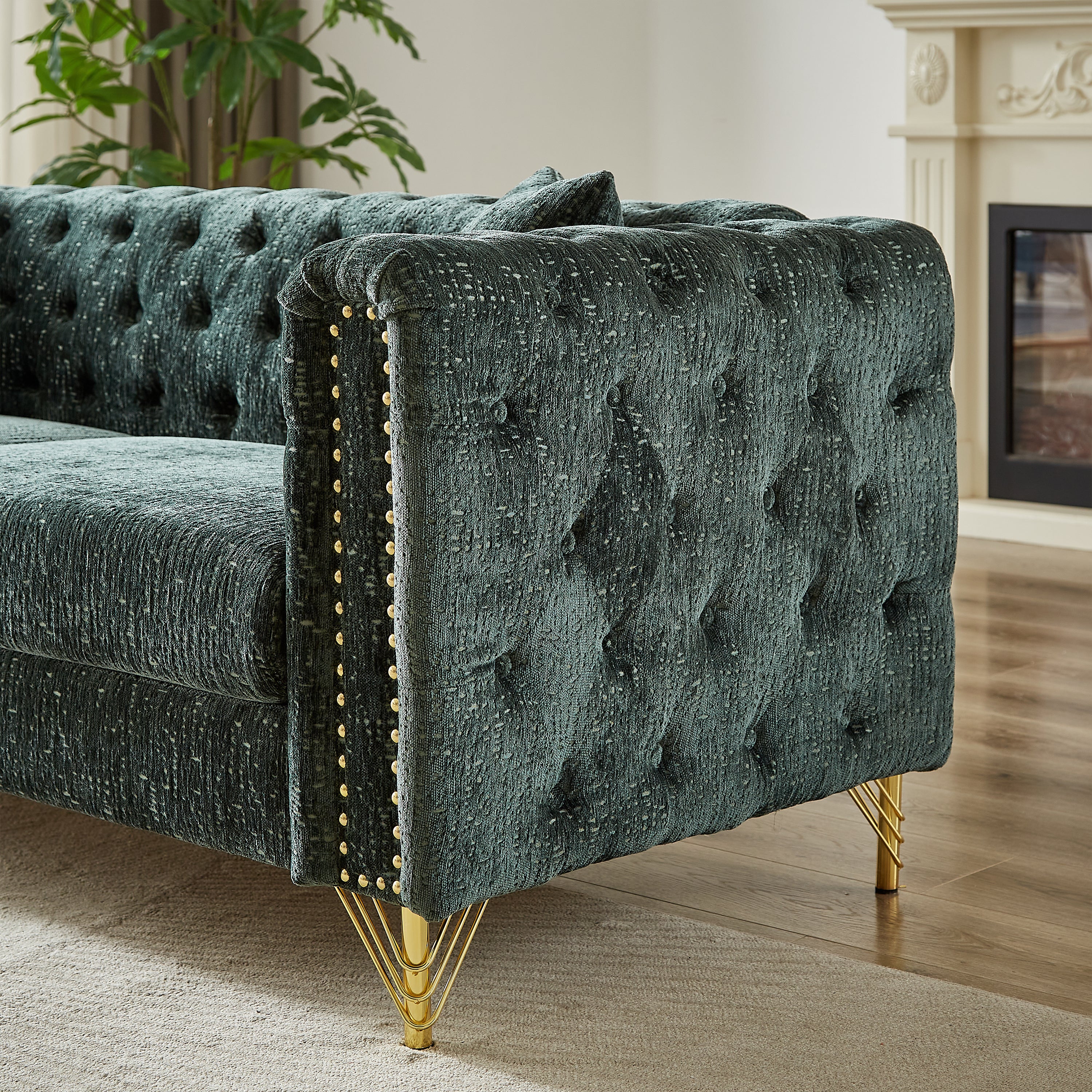 60-Inch Chenille Pull Buckle Design Sofa for Living Room,Buttons Tufted With Copper Nail Decoration Armrest, Modern Couch Upholstered Button And Metal Legs