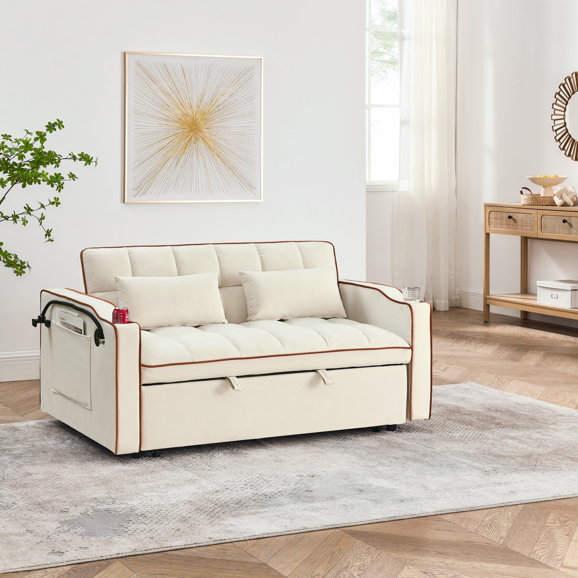 55.51" Foldable Velvet Sofa Bed with Adjustable Back, Pull-Out Design with USB Port, Ashtray, and Swivel Phone Stand, Beige