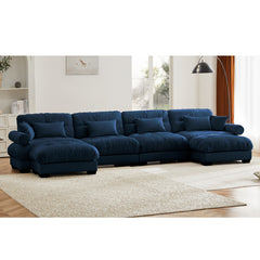 U-Shaped Velvet Sectional Cloud Couch with Movable Ottomans, Deep 4-Seater with Bolstered Armrests and Pillows, Blue