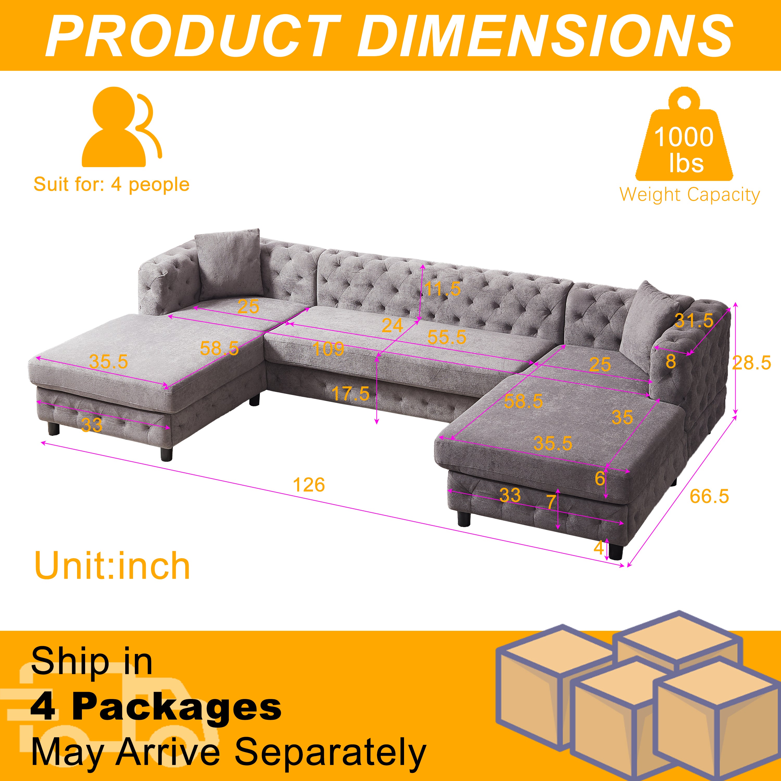 126-inch Modern Style Chenille Three Piece Sofa, Pull Point Design U-shaped Sofa two Chaise Longue Seats, two Pillows and Plastic Feet, Suitable for Living room, Bedroom, Lounge and Projection Room