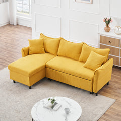 80" Yellow Corduroy L-Shaped Sofa Bed With Two Small Pillows - 3-Seater Sleeper Sofa With Storage For Living Room