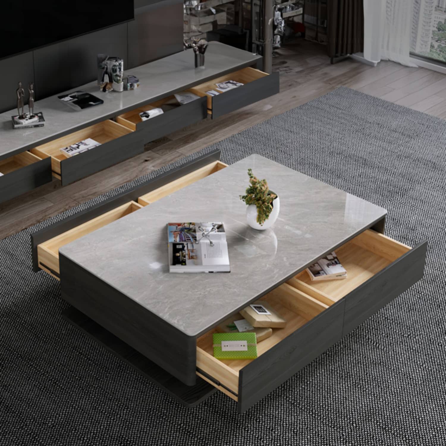 Modern Sintered Stone Coffee Table in Rectangular Shape with Storage faml-301