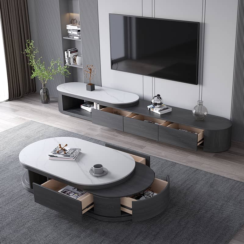 Stylish Oval Coffee Table with Storage and Marble Top - Durable Modern Design for LIvingroom faml-701