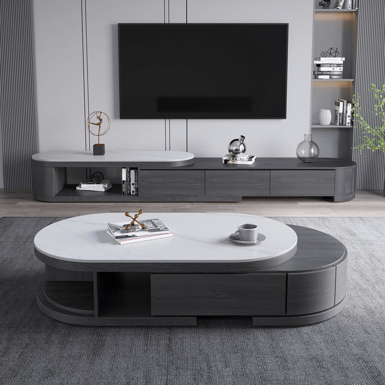 Sleek White Gloss TV Cabinet with Matte Grey Marble Accents - Plywood & Metal Construction faml-702