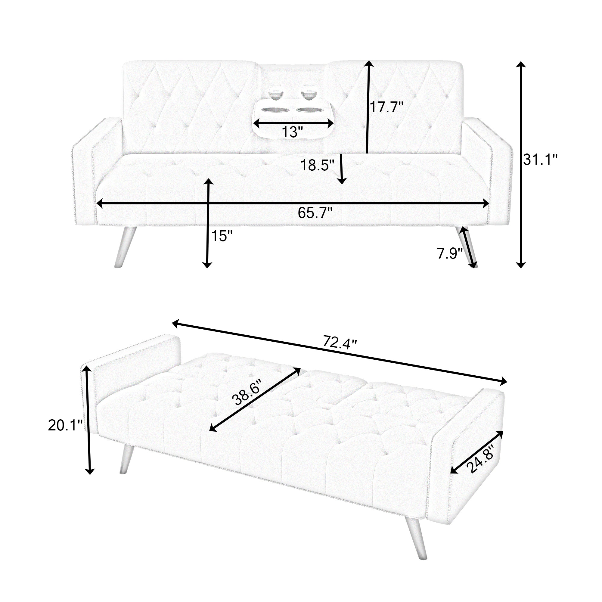 72" Yellow Velvet Sofa Bed with Nail Head Trim & Two Cup Holders Sleeper Sofa for Small Living Room