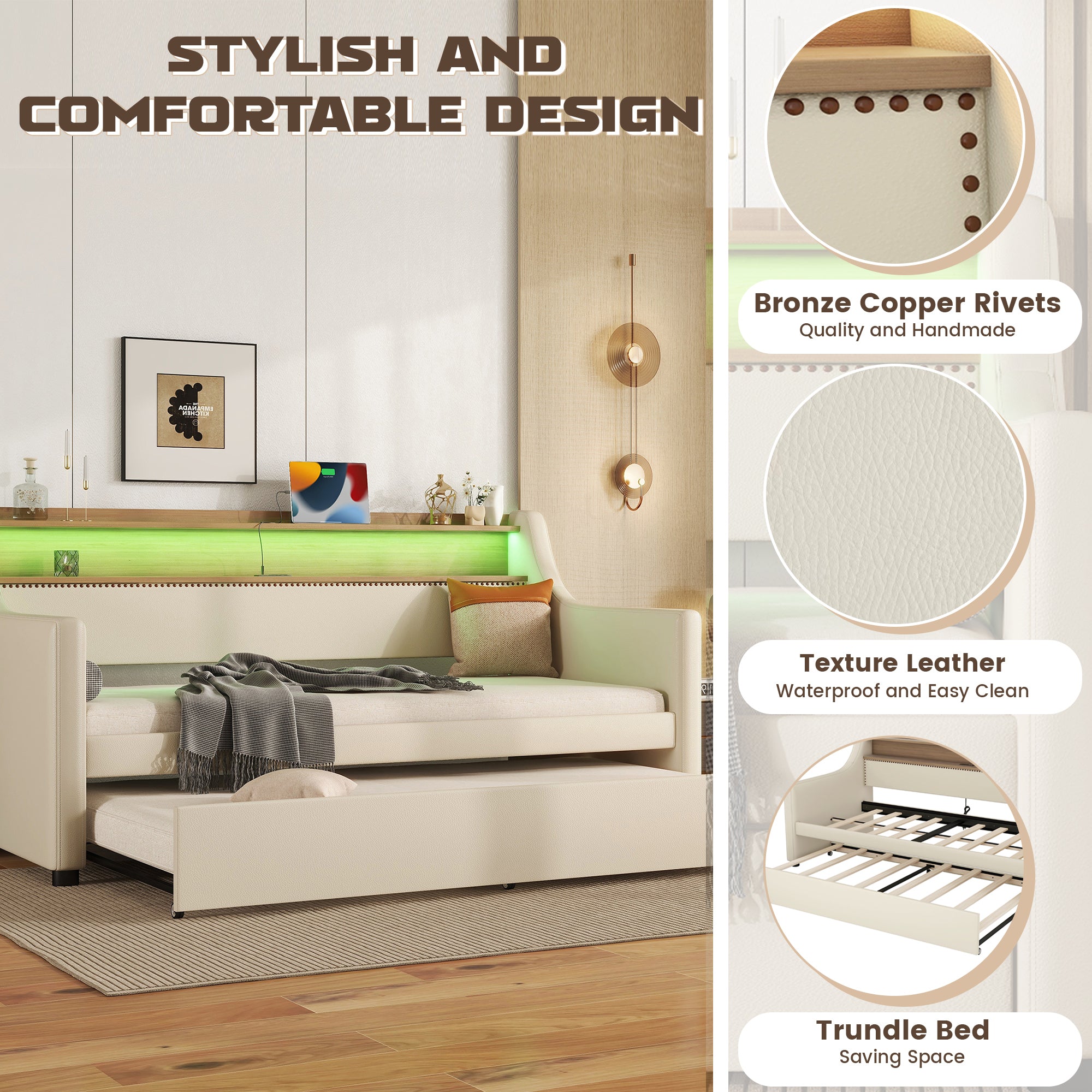 Twin Size Daybed with Trundle, Upholstered Sofa Bed with Charging Station and LED Lights, Beige