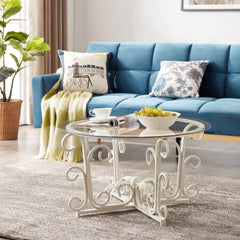 Glass Coffee Table with Iron Leaf Base, White