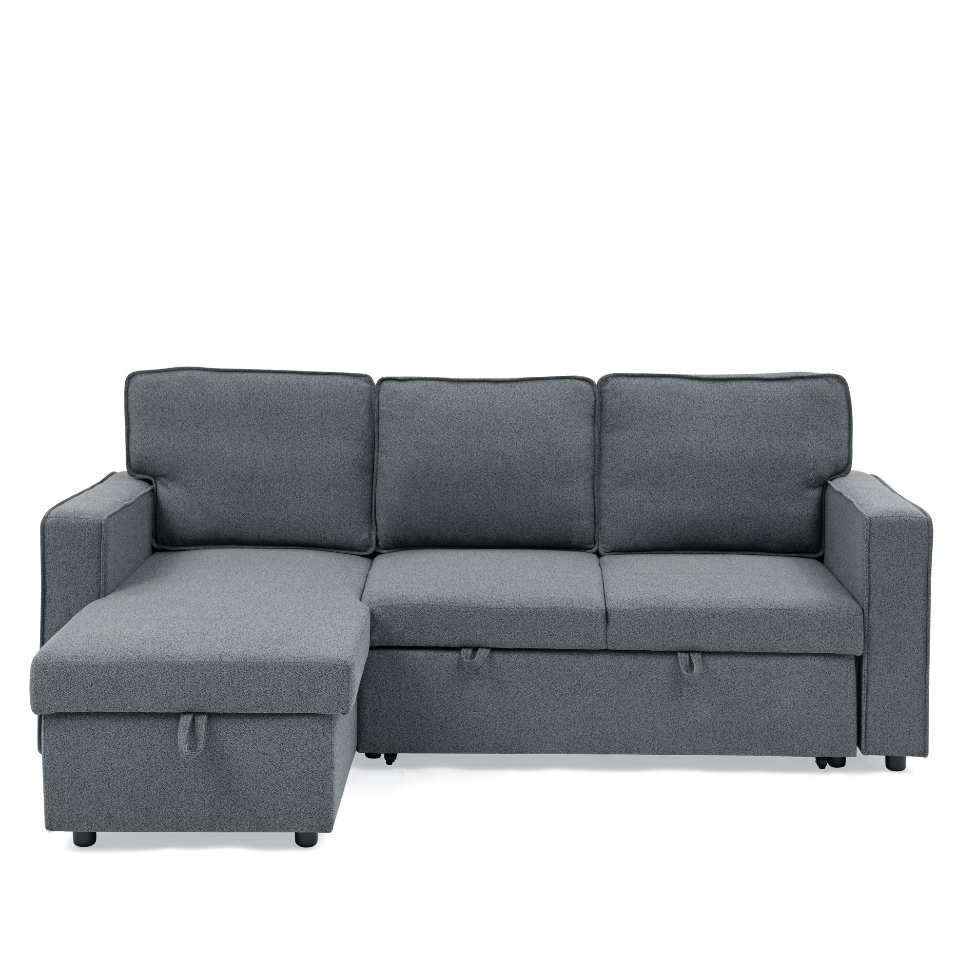 Linen Upholstered Sleeper Sectional Sofa, Shaped Modular Convertible Sofa with Storage Chaise,There are two cup holders in the middle and USB multi-interface function,Pull Out Sleep Couch Bed ,Grey