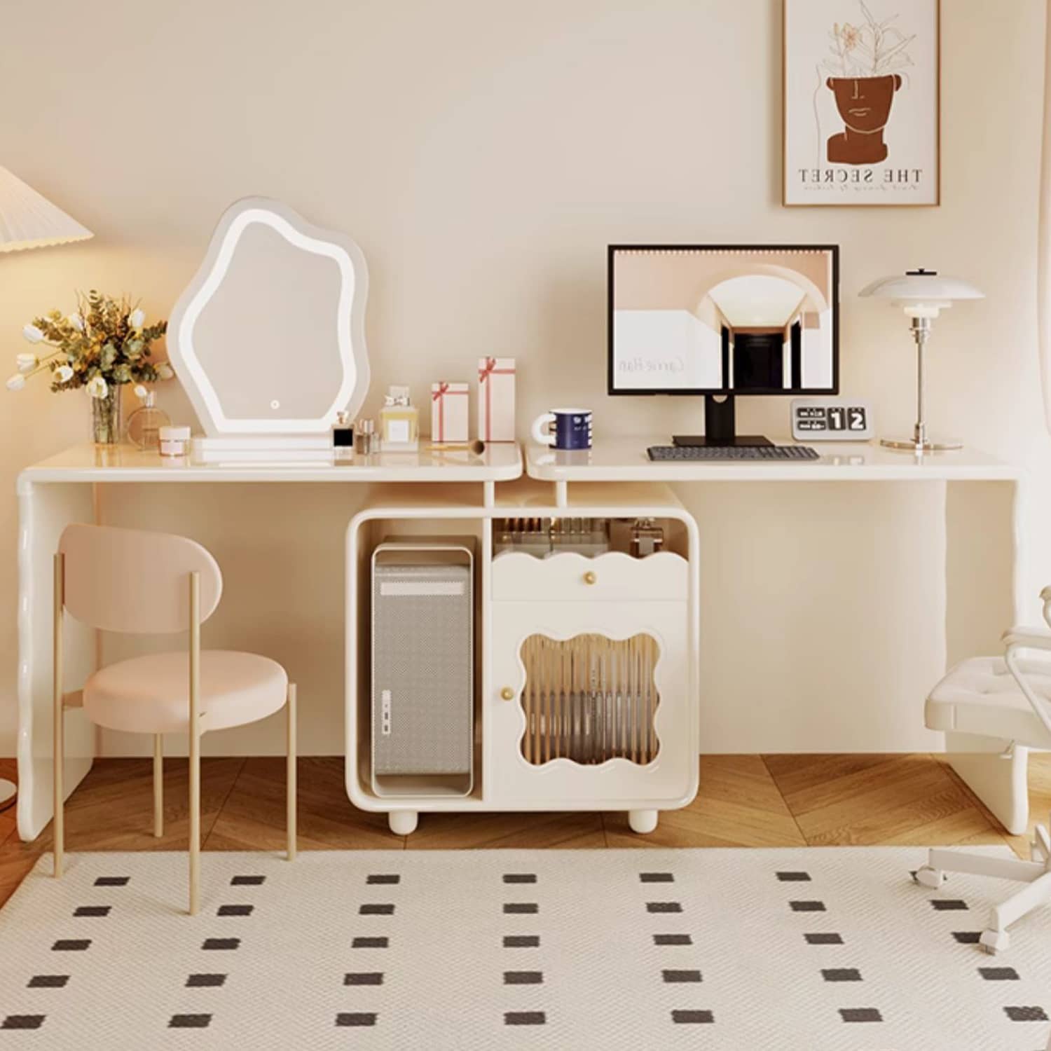 Creamy Functional Desk with Cabinet for Storage - Perfect for Study and Makeup Room fbby-1384