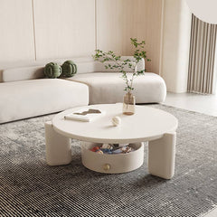 Round Laminated Wood Coffee Table in Beige with Drawer Storage  - Modern Living Room Furniture fbby-1385