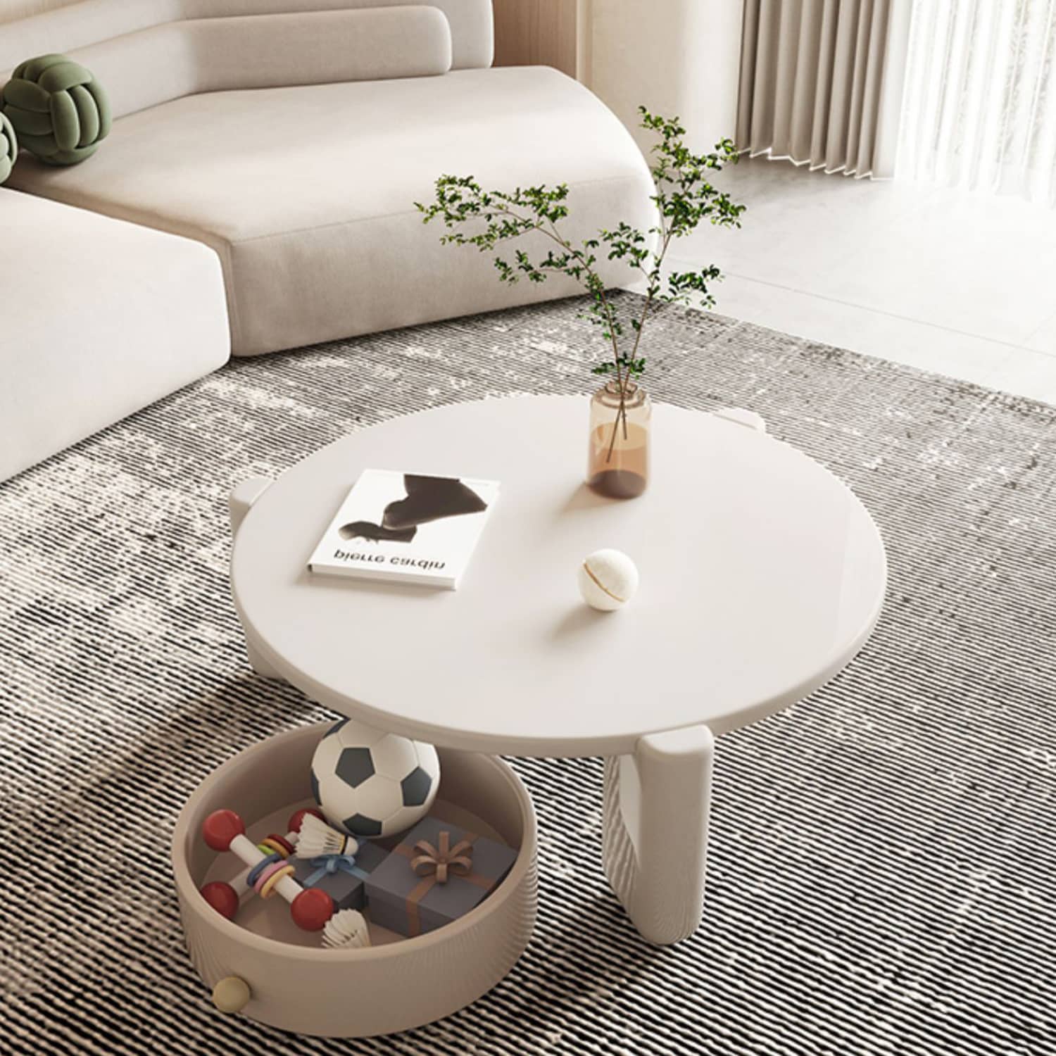 Round Laminated Wood Coffee Table in Beige with Drawer Storage  - Modern Living Room Furniture fbby-1385