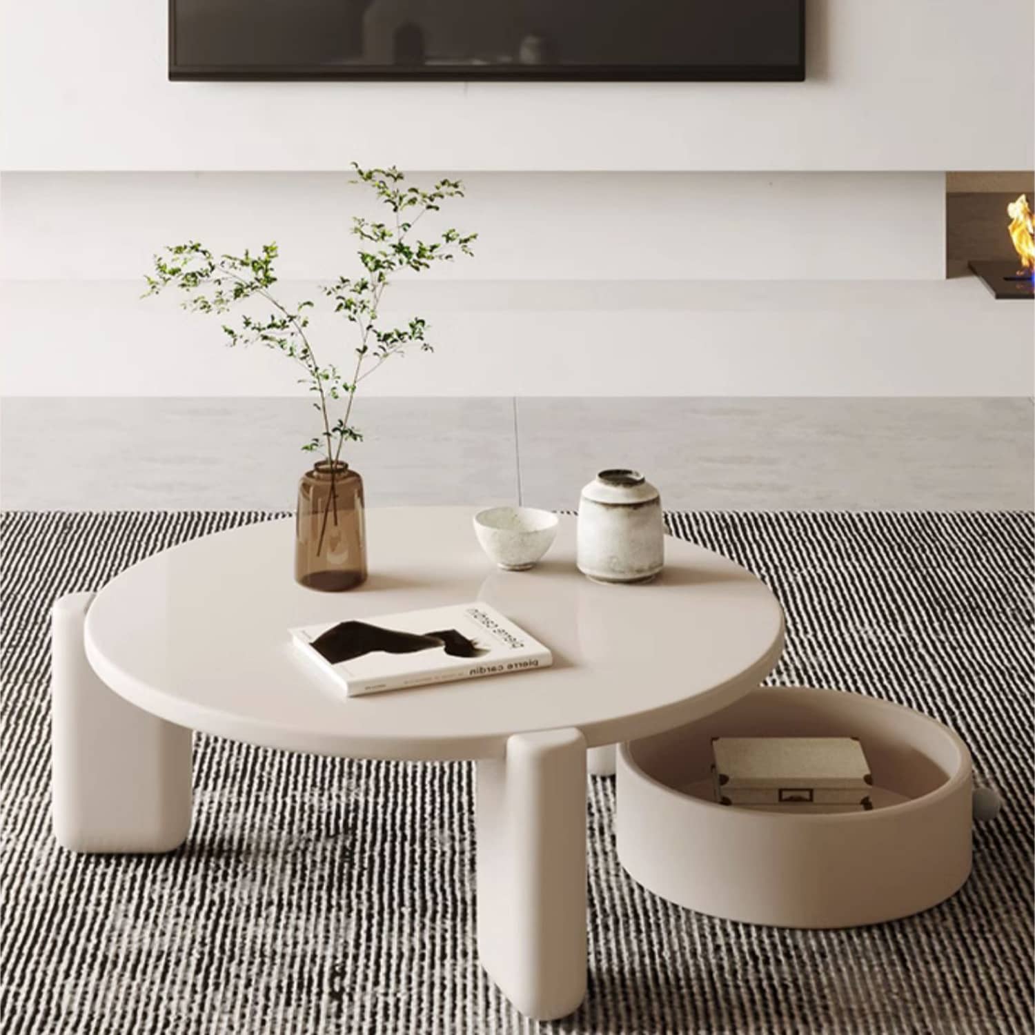 Round Laminated Wood Coffee Table in Beige with Drawer Storage  - Modern Living Room Furniture fbby-1385