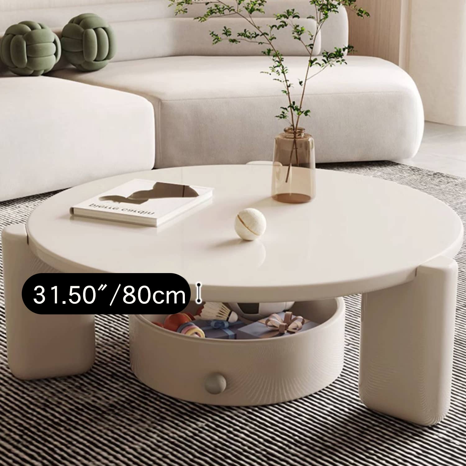 Round Laminated Wood Coffee Table in Beige with Drawer Storage  - Modern Living Room Furniture fbby-1385