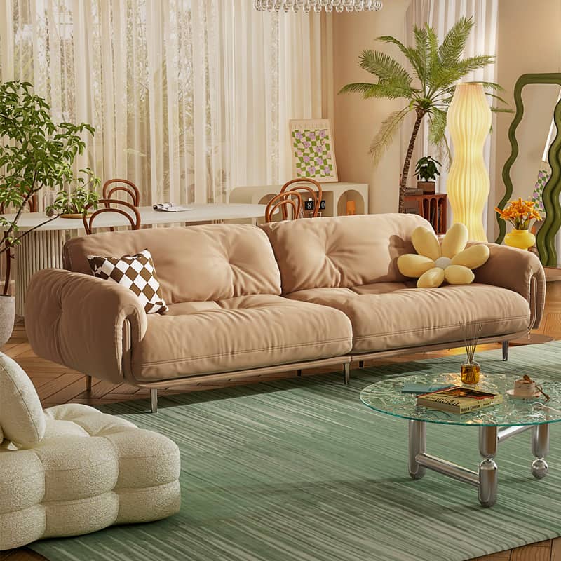 Luxurious Beige Faux Leather Sofa with Solid Wood Frame & Stainless Steel Legs for Living Room fbby-1389