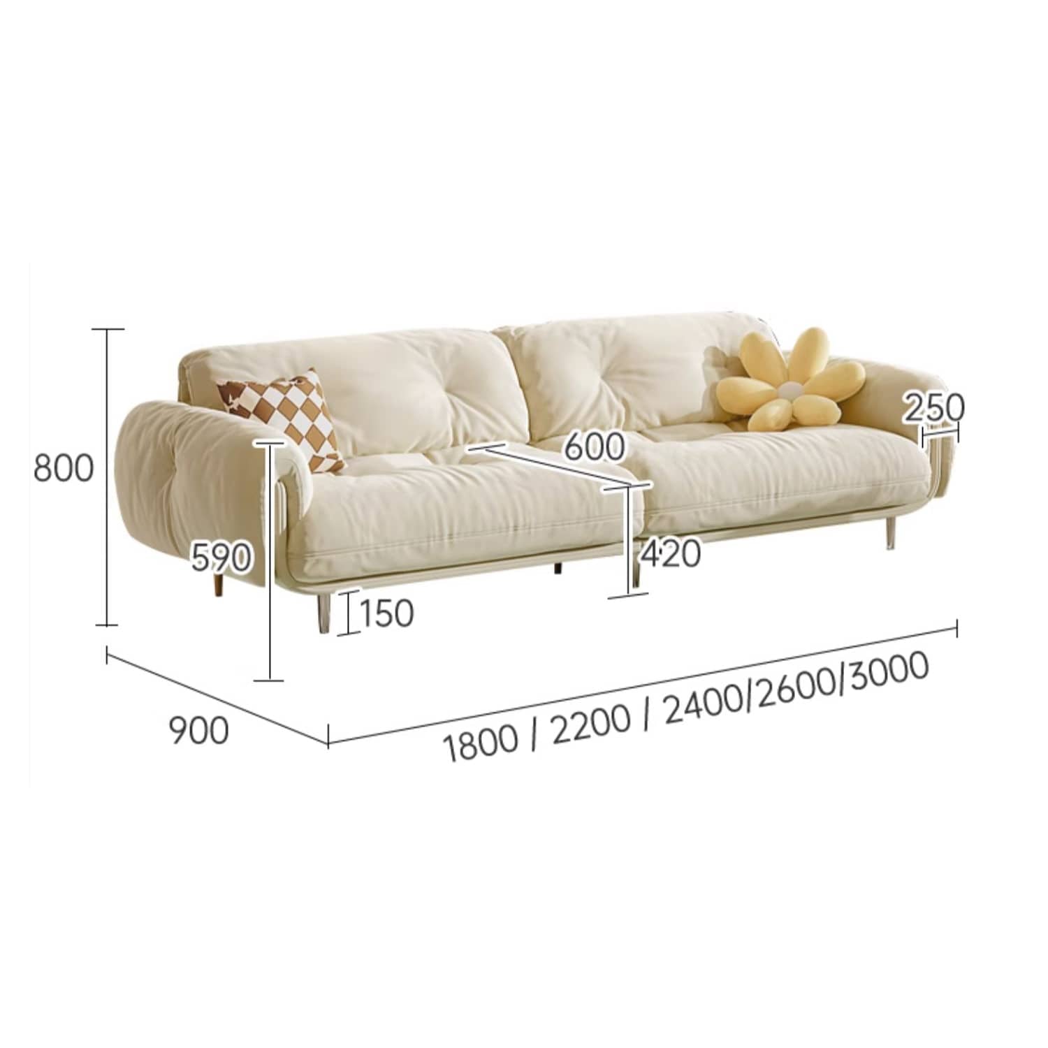 Luxurious Beige Faux Leather Sofa with Solid Wood Frame & Stainless Steel Legs for Living Room fbby-1389