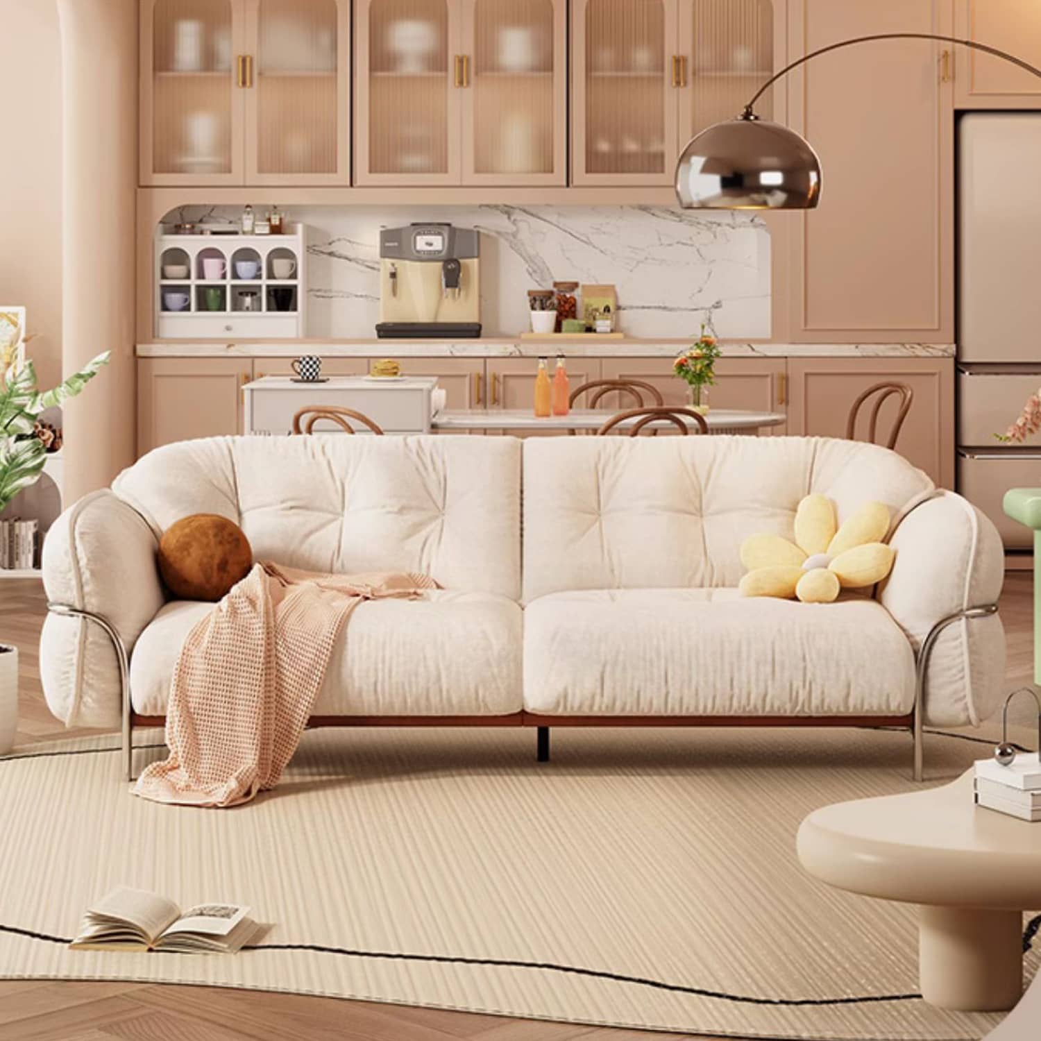 Cute Beige  Sofa with Pine Wood Frame and Stainless Steel Legs for Living Room fbby-1403