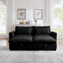 Corduroy Two-Seater Sofa with 2 Storage Footrest,2 Seater Sectional  deep seat sofa,Comfy Couches for Living Room,Black Sofa