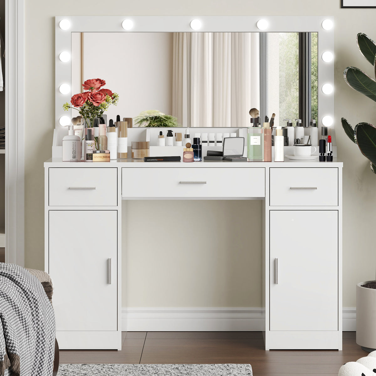 47.2"Vanity Desk with Large Mirror, 3 Colour Lighting Modes, Adjustable Brightness, Dresser with 3 Drawers & 2 Vertical Cabinets, Makeup Vanity Table for Women &  Girls (White)