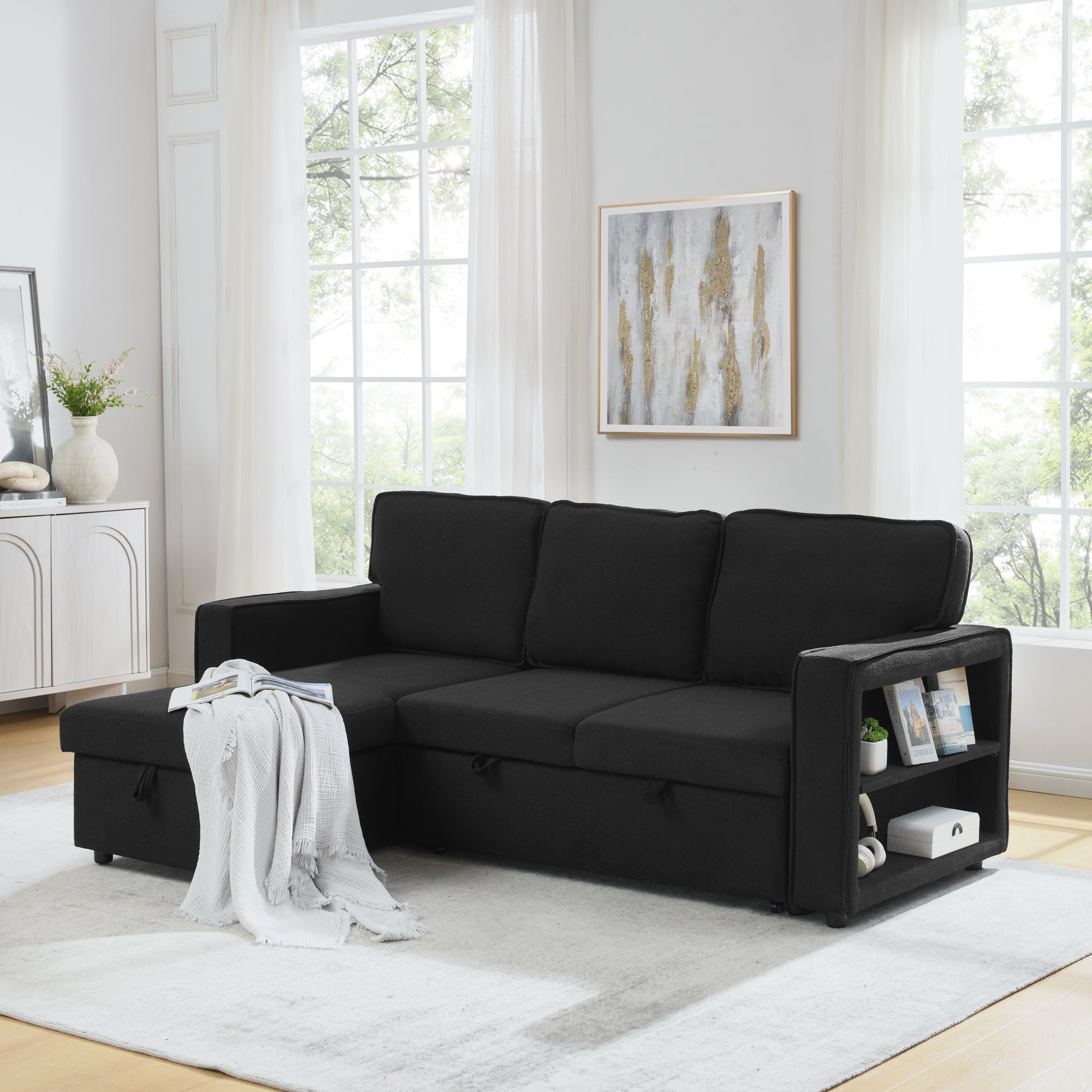 Linen Upholstered Sleeper Sectional Sofa, Shaped Modular Convertible Sofa with Storage Chaise,There are two cup holders in the middle and USB multi-interface function,Pull Out Sleep Couch Bed ,Black