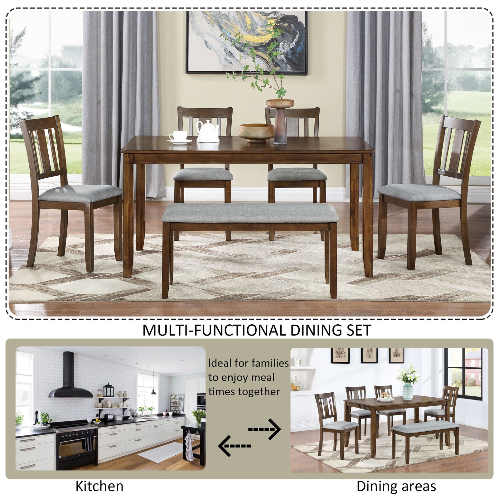 6 Piece Kitchen Dining Set, Rectangular Wooden Dining Table with 4 Upholstered Chairs and a Bench, Dining Table Set for 6 People, Living Room, Home Bar and Kitchen, Walnut