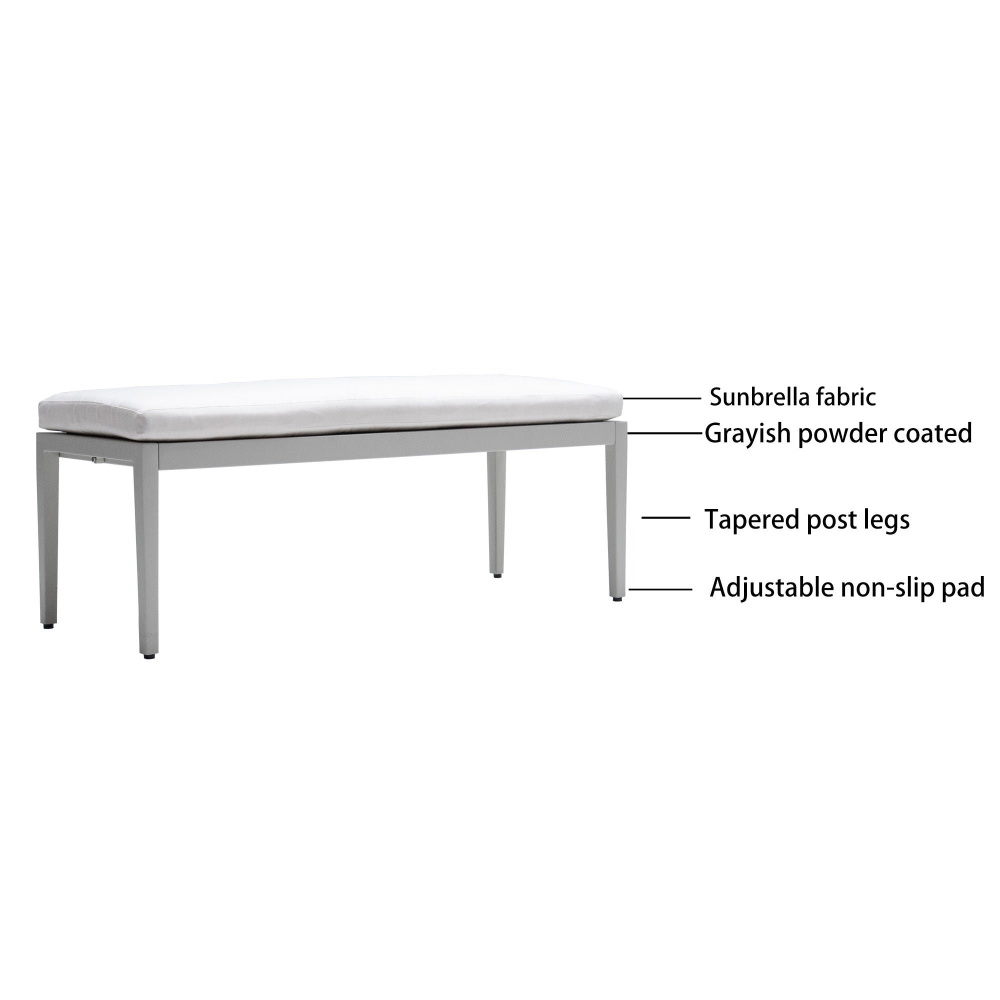 Outdoor Patio Aluminum Stationary Bench With Sunbrella Fabric Cushion , Grayish