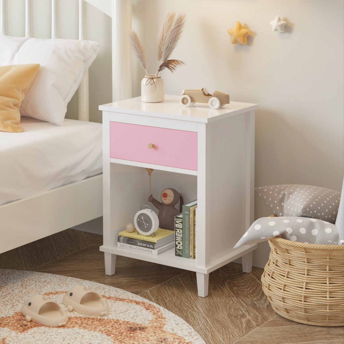 26.77''H Wooden Nightstand with One Drawer One Shelf for Kids, Adults, Pink