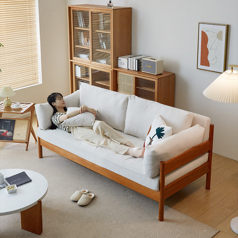 Modern Cherry Wood Sofa with Corduroy Cushions - Stylish 3-Seater Sofa for Living Room  fcp-1281