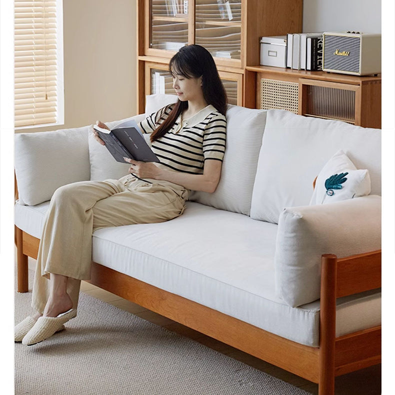 Modern Cherry Wood Sofa with Corduroy Cushions - Stylish 3-Seater Sofa for Living Room  fcp-1281