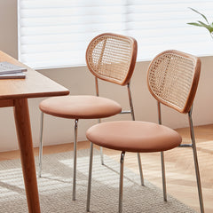 Stylish Ash Wood Dining Chair in Light Brown with Rattan Back and Faux Leather Seat fcp-1283