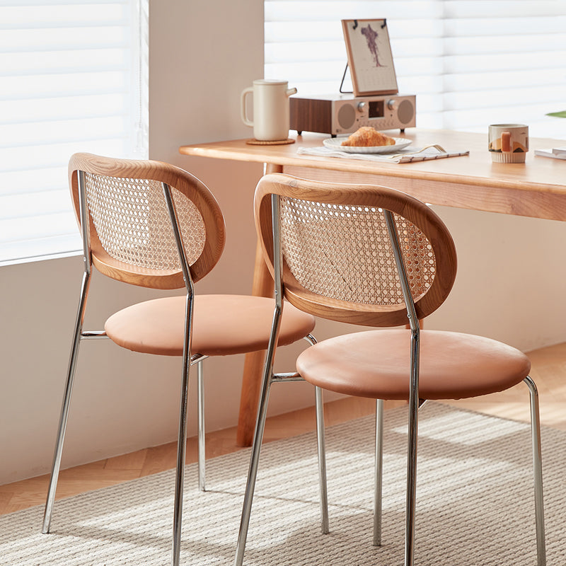 Stylish Ash Wood Dining Chair in Light Brown with Rattan Back and Faux Leather Seat fcp-1283