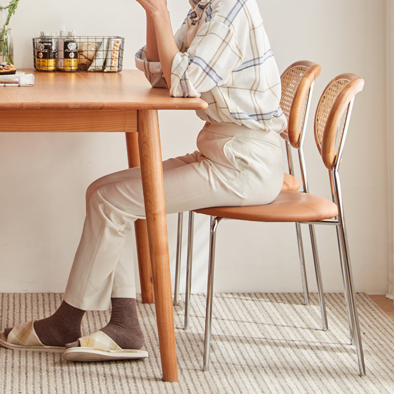 Stylish Ash Wood Dining Chair in Light Brown with Rattan Back and Faux Leather Seat fcp-1283